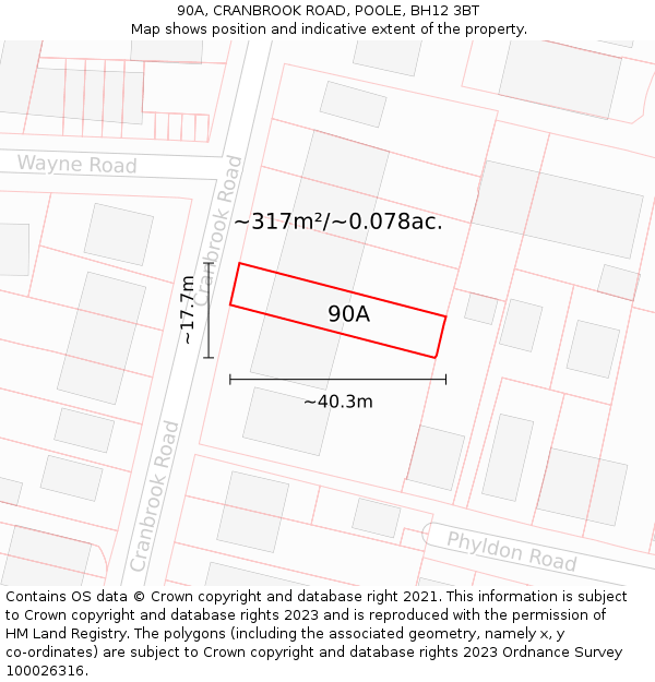 90A, CRANBROOK ROAD, POOLE, BH12 3BT: Plot and title map