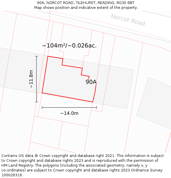 90A, NORCOT ROAD, TILEHURST, READING, RG30 6BT: Plot and title map