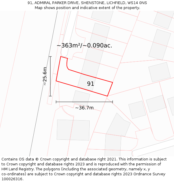 91, ADMIRAL PARKER DRIVE, SHENSTONE, LICHFIELD, WS14 0NS: Plot and title map