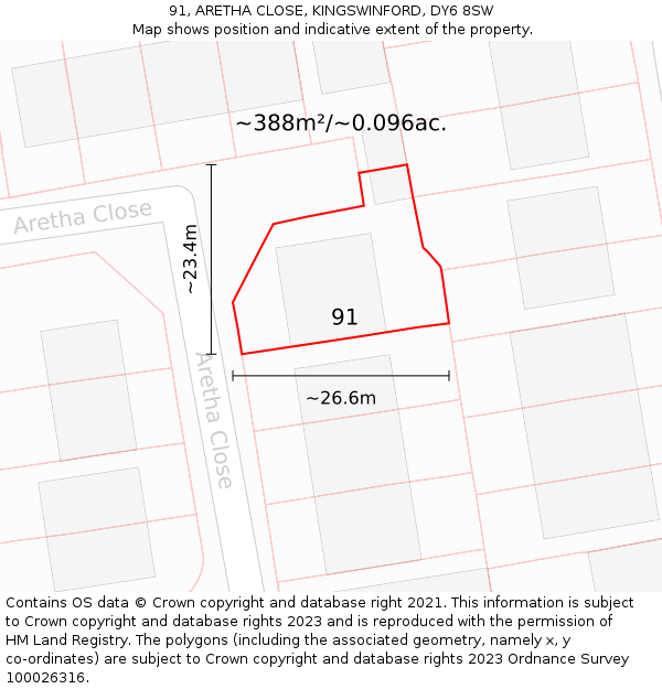 91, ARETHA CLOSE, KINGSWINFORD, DY6 8SW: Plot and title map