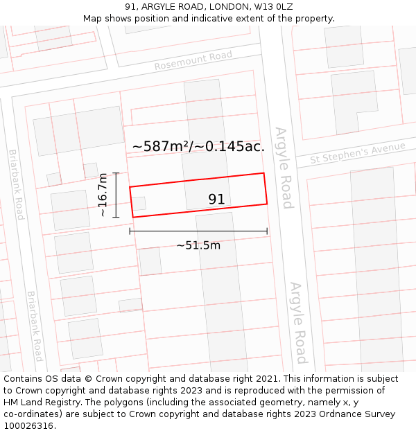 91, ARGYLE ROAD, LONDON, W13 0LZ: Plot and title map
