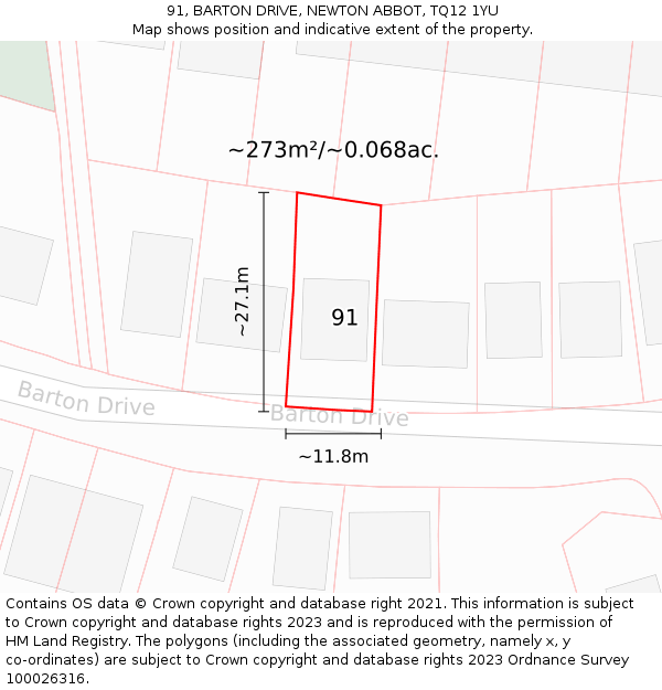 91, BARTON DRIVE, NEWTON ABBOT, TQ12 1YU: Plot and title map