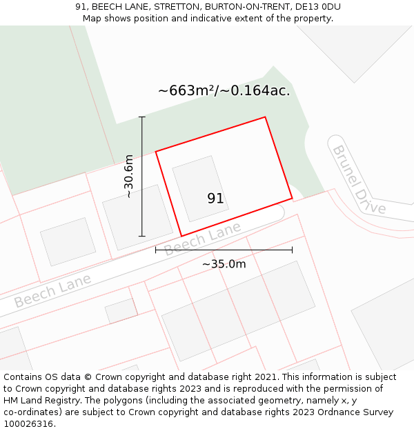 91, BEECH LANE, STRETTON, BURTON-ON-TRENT, DE13 0DU: Plot and title map