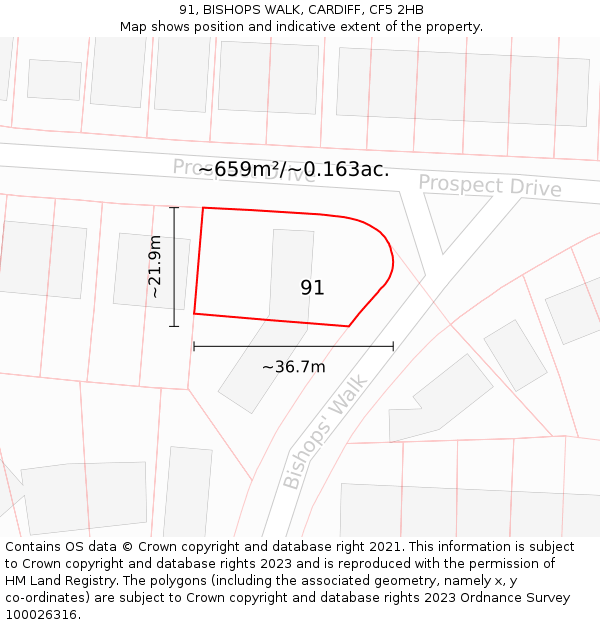 91, BISHOPS WALK, CARDIFF, CF5 2HB: Plot and title map