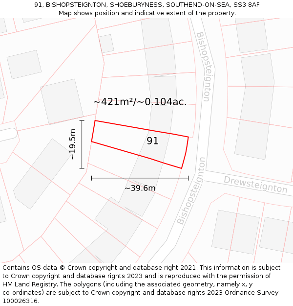 91, BISHOPSTEIGNTON, SHOEBURYNESS, SOUTHEND-ON-SEA, SS3 8AF: Plot and title map