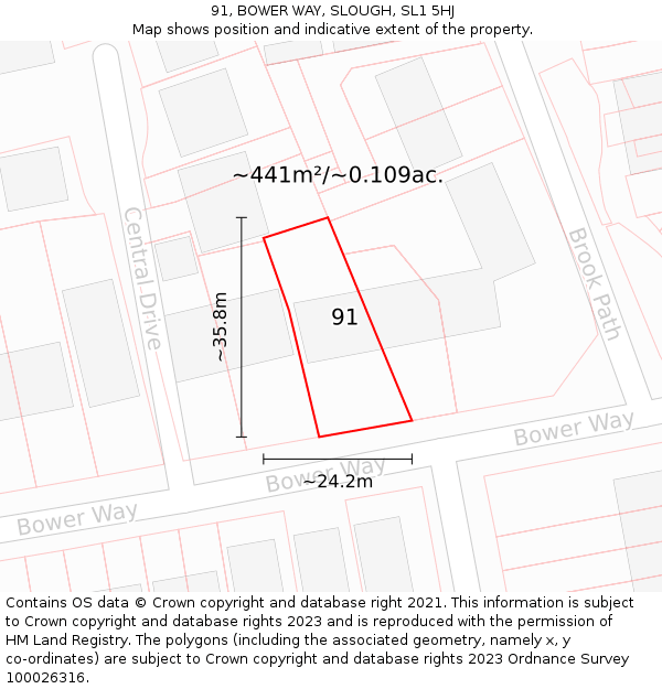 91, BOWER WAY, SLOUGH, SL1 5HJ: Plot and title map