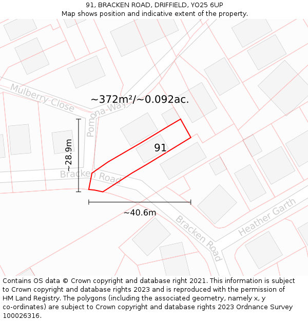 91, BRACKEN ROAD, DRIFFIELD, YO25 6UP: Plot and title map