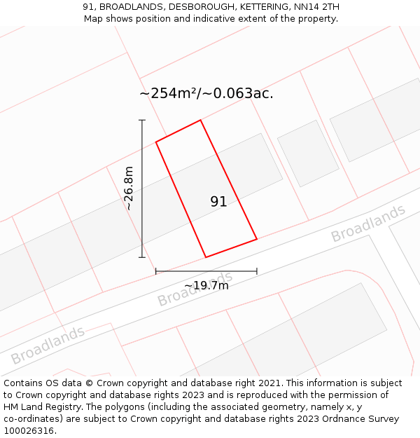91, BROADLANDS, DESBOROUGH, KETTERING, NN14 2TH: Plot and title map
