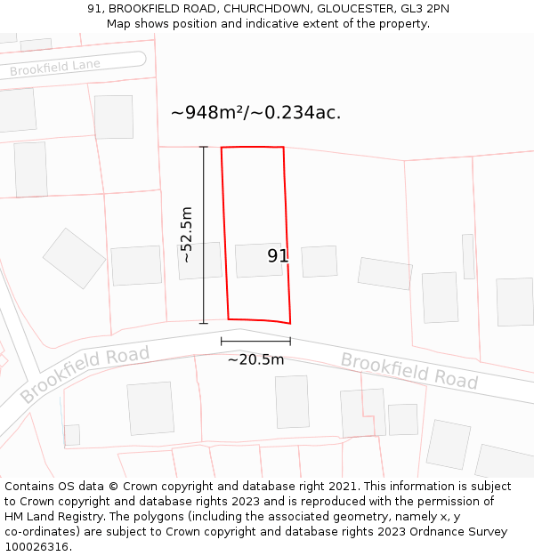 91, BROOKFIELD ROAD, CHURCHDOWN, GLOUCESTER, GL3 2PN: Plot and title map