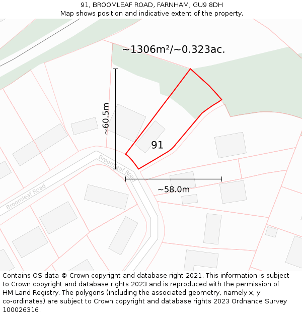 91, BROOMLEAF ROAD, FARNHAM, GU9 8DH: Plot and title map