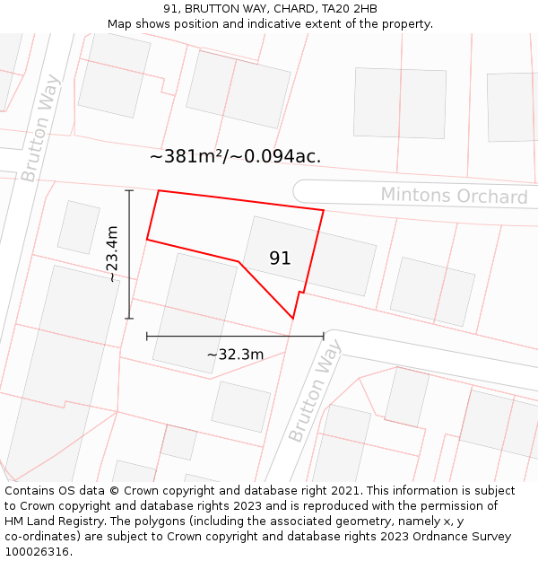 91, BRUTTON WAY, CHARD, TA20 2HB: Plot and title map