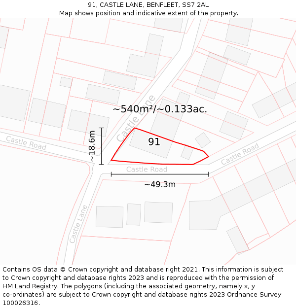 91, CASTLE LANE, BENFLEET, SS7 2AL: Plot and title map
