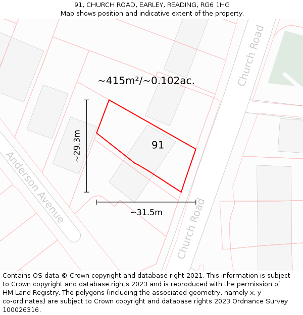 91, CHURCH ROAD, EARLEY, READING, RG6 1HG: Plot and title map