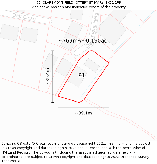 91, CLAREMONT FIELD, OTTERY ST MARY, EX11 1RP: Plot and title map
