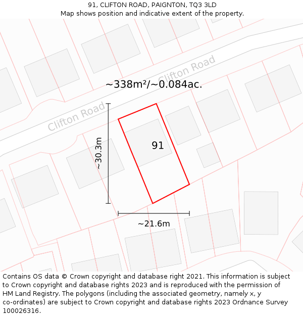 91, CLIFTON ROAD, PAIGNTON, TQ3 3LD: Plot and title map