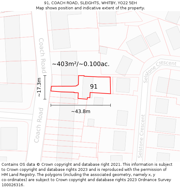 91, COACH ROAD, SLEIGHTS, WHITBY, YO22 5EH: Plot and title map
