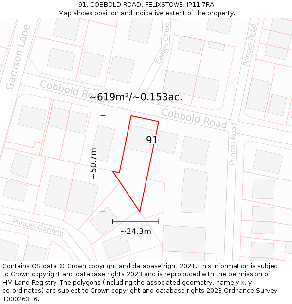 91, COBBOLD ROAD, FELIXSTOWE, IP11 7RA: Plot and title map