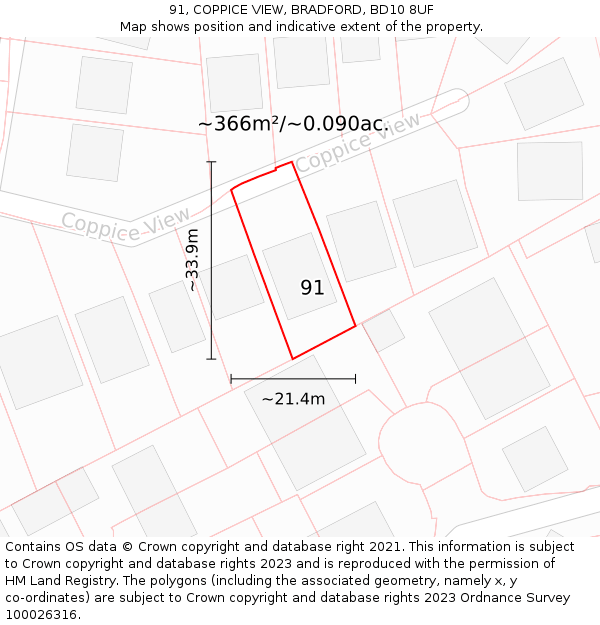 91, COPPICE VIEW, BRADFORD, BD10 8UF: Plot and title map