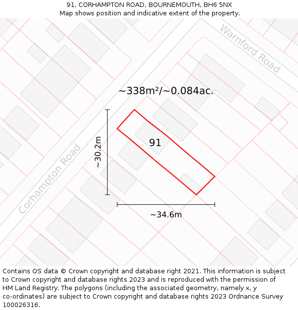 91, CORHAMPTON ROAD, BOURNEMOUTH, BH6 5NX: Plot and title map