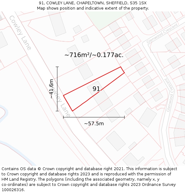 91, COWLEY LANE, CHAPELTOWN, SHEFFIELD, S35 1SX: Plot and title map