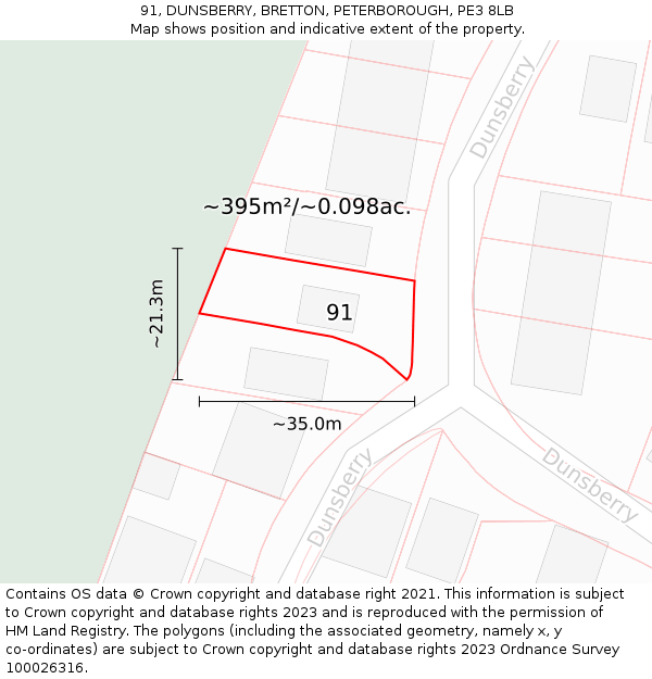 91, DUNSBERRY, BRETTON, PETERBOROUGH, PE3 8LB: Plot and title map
