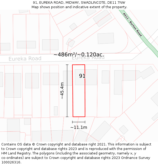 91, EUREKA ROAD, MIDWAY, SWADLINCOTE, DE11 7NW: Plot and title map
