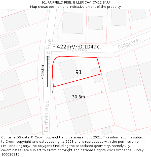 91, FAIRFIELD RISE, BILLERICAY, CM12 9NU: Plot and title map