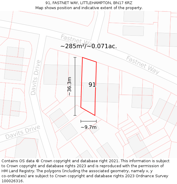 91, FASTNET WAY, LITTLEHAMPTON, BN17 6RZ: Plot and title map