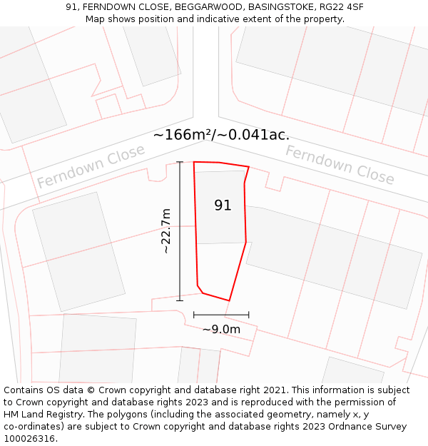 91, FERNDOWN CLOSE, BEGGARWOOD, BASINGSTOKE, RG22 4SF: Plot and title map