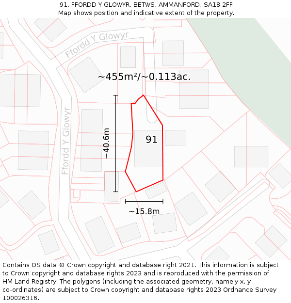 91, FFORDD Y GLOWYR, BETWS, AMMANFORD, SA18 2FF: Plot and title map
