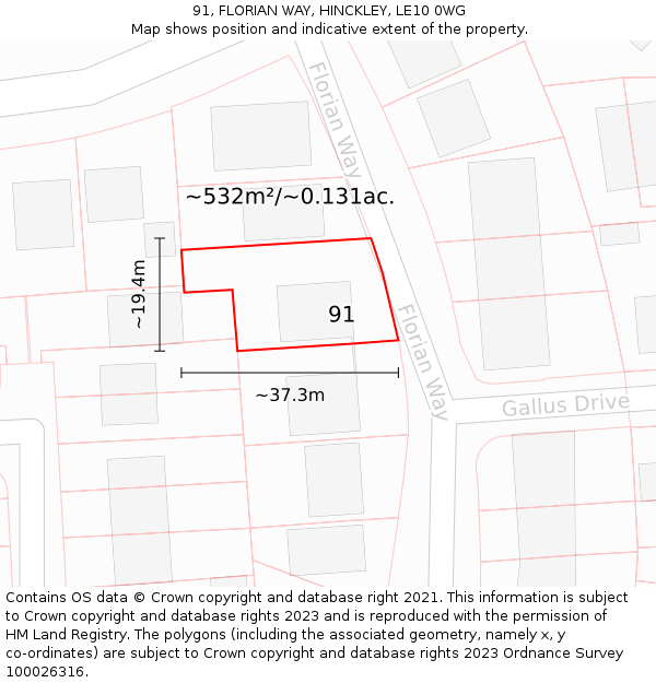 91, FLORIAN WAY, HINCKLEY, LE10 0WG: Plot and title map