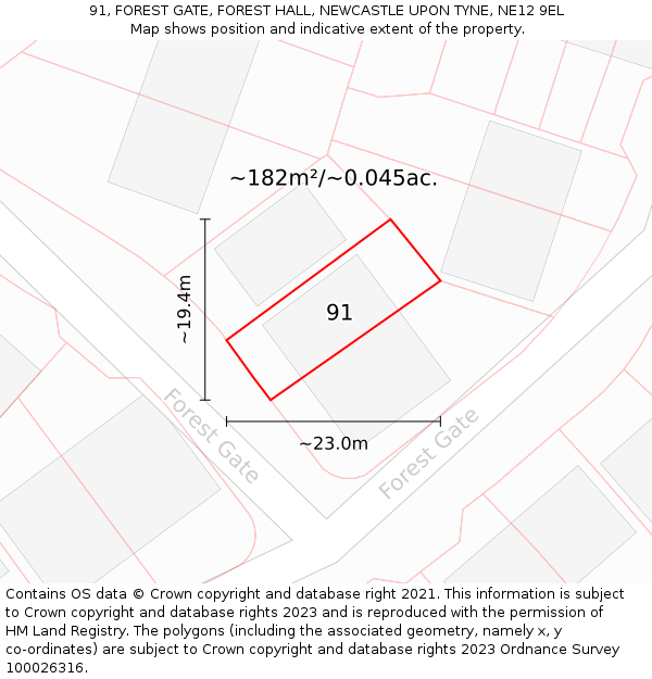 91, FOREST GATE, FOREST HALL, NEWCASTLE UPON TYNE, NE12 9EL: Plot and title map