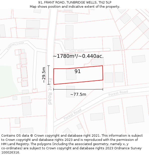 91, FRANT ROAD, TUNBRIDGE WELLS, TN2 5LP: Plot and title map