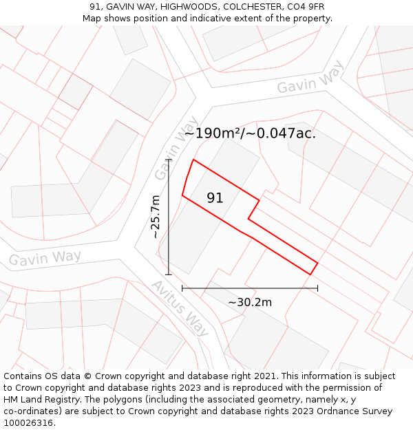 91, GAVIN WAY, HIGHWOODS, COLCHESTER, CO4 9FR: Plot and title map