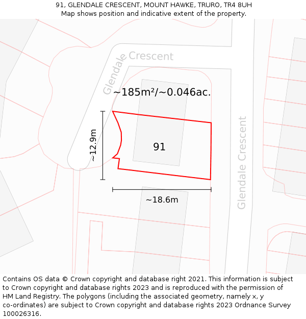 91, GLENDALE CRESCENT, MOUNT HAWKE, TRURO, TR4 8UH: Plot and title map