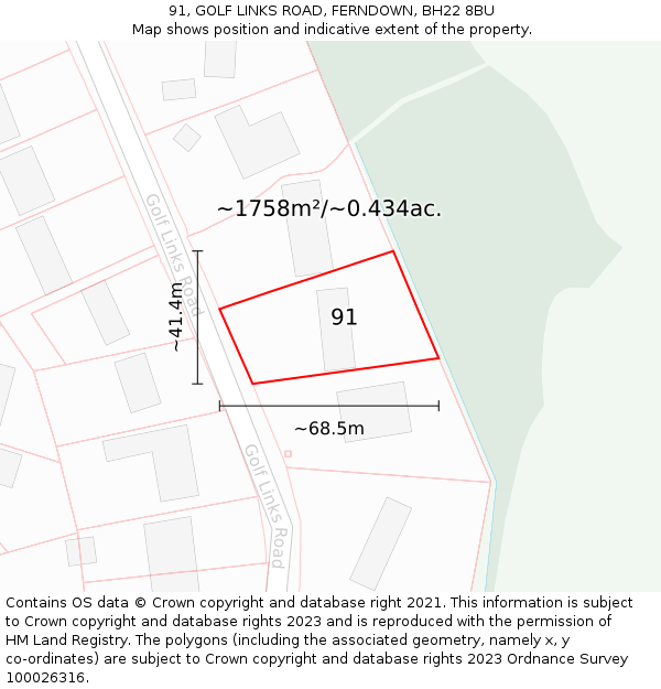 91, GOLF LINKS ROAD, FERNDOWN, BH22 8BU: Plot and title map