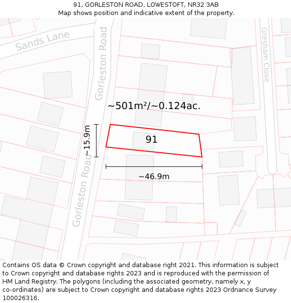 91, GORLESTON ROAD, LOWESTOFT, NR32 3AB: Plot and title map
