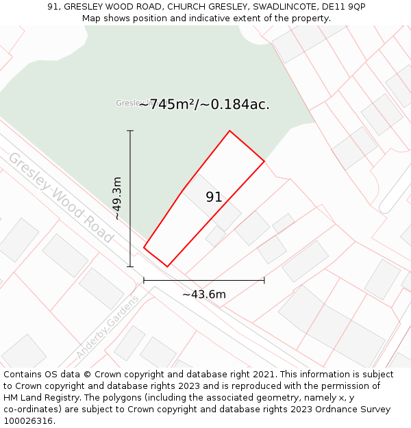 91, GRESLEY WOOD ROAD, CHURCH GRESLEY, SWADLINCOTE, DE11 9QP: Plot and title map