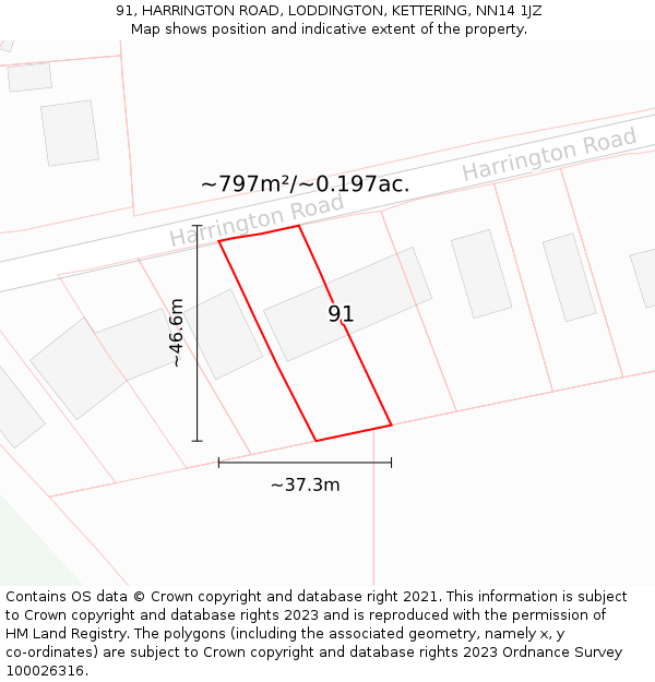 91, HARRINGTON ROAD, LODDINGTON, KETTERING, NN14 1JZ: Plot and title map