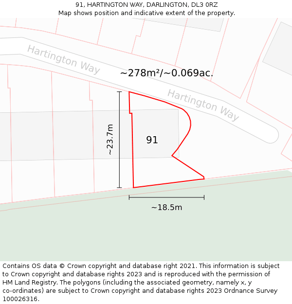 91, HARTINGTON WAY, DARLINGTON, DL3 0RZ: Plot and title map