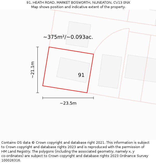 91, HEATH ROAD, MARKET BOSWORTH, NUNEATON, CV13 0NX: Plot and title map