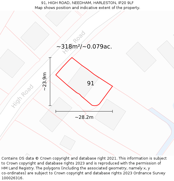 91, HIGH ROAD, NEEDHAM, HARLESTON, IP20 9LF: Plot and title map