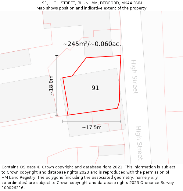 91, HIGH STREET, BLUNHAM, BEDFORD, MK44 3NN: Plot and title map