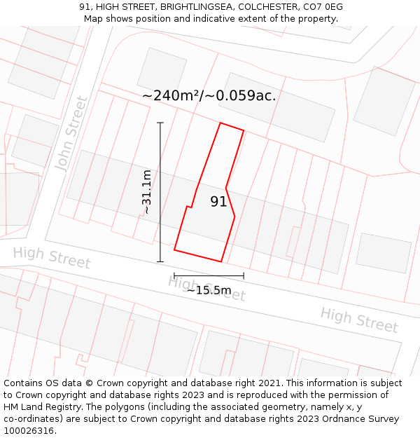 91, HIGH STREET, BRIGHTLINGSEA, COLCHESTER, CO7 0EG: Plot and title map