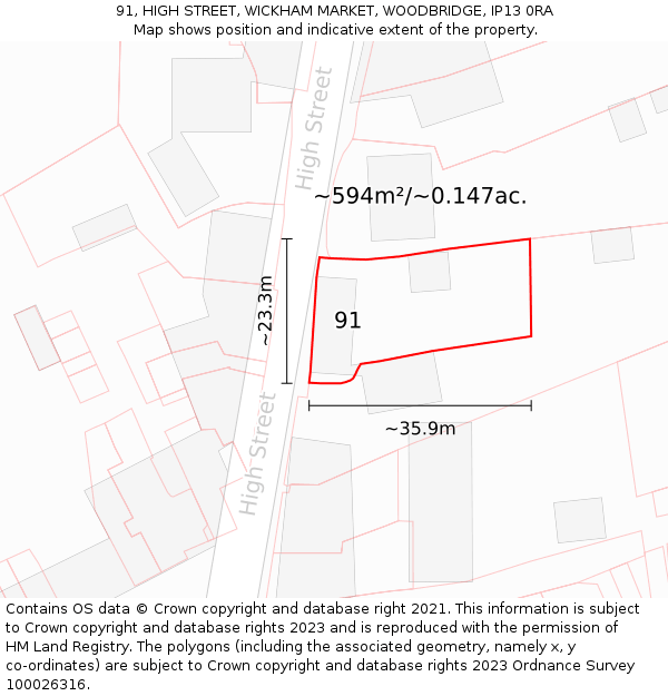 91, HIGH STREET, WICKHAM MARKET, WOODBRIDGE, IP13 0RA: Plot and title map