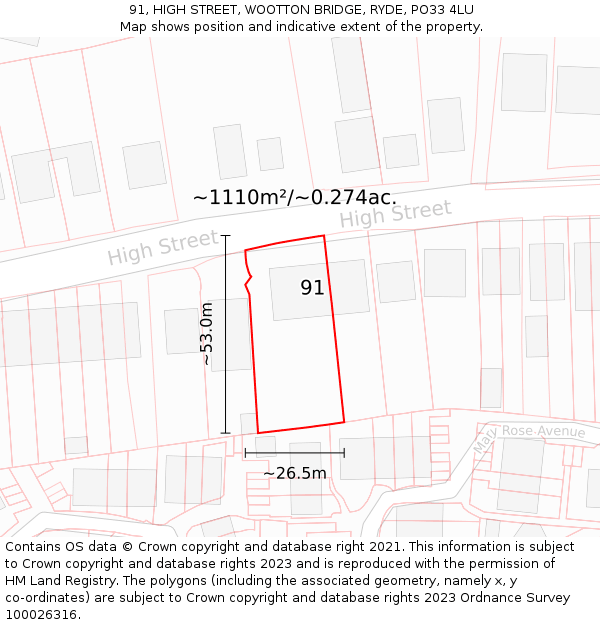91, HIGH STREET, WOOTTON BRIDGE, RYDE, PO33 4LU: Plot and title map