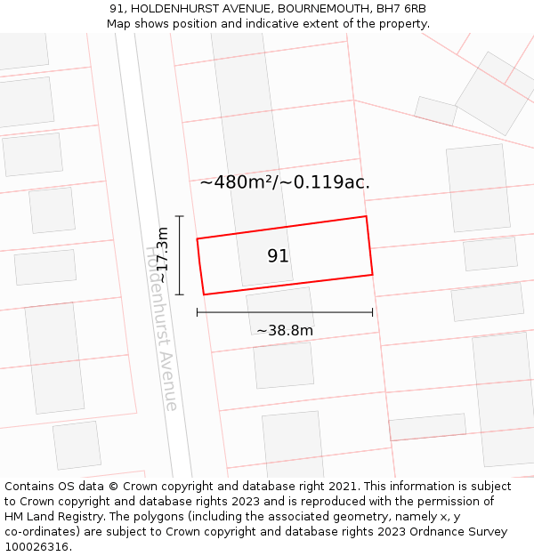 91, HOLDENHURST AVENUE, BOURNEMOUTH, BH7 6RB: Plot and title map