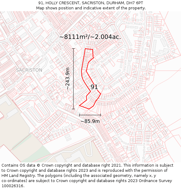 91, HOLLY CRESCENT, SACRISTON, DURHAM, DH7 6PT: Plot and title map