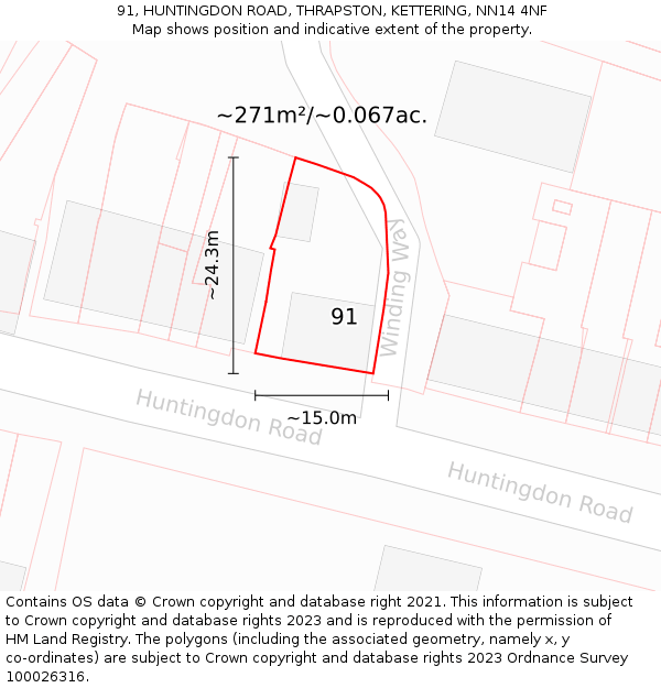 91, HUNTINGDON ROAD, THRAPSTON, KETTERING, NN14 4NF: Plot and title map