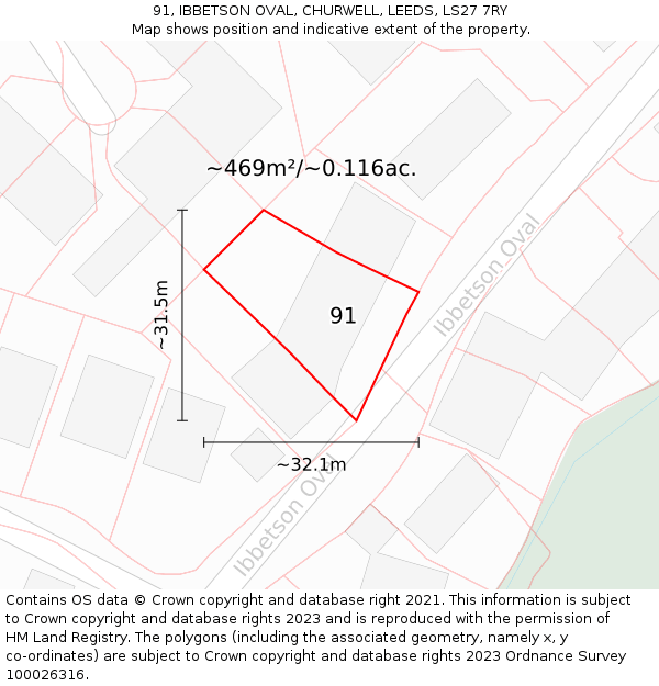91, IBBETSON OVAL, CHURWELL, LEEDS, LS27 7RY: Plot and title map